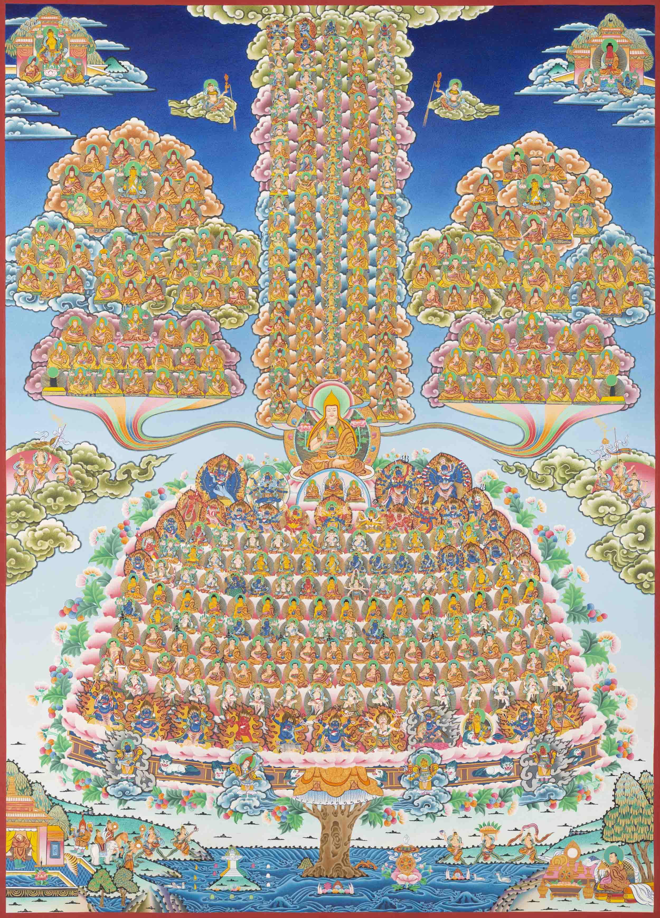 Original Hand painted Gelugpa Lineage Tree Thangka | Unique Tibetan Buddhism Art